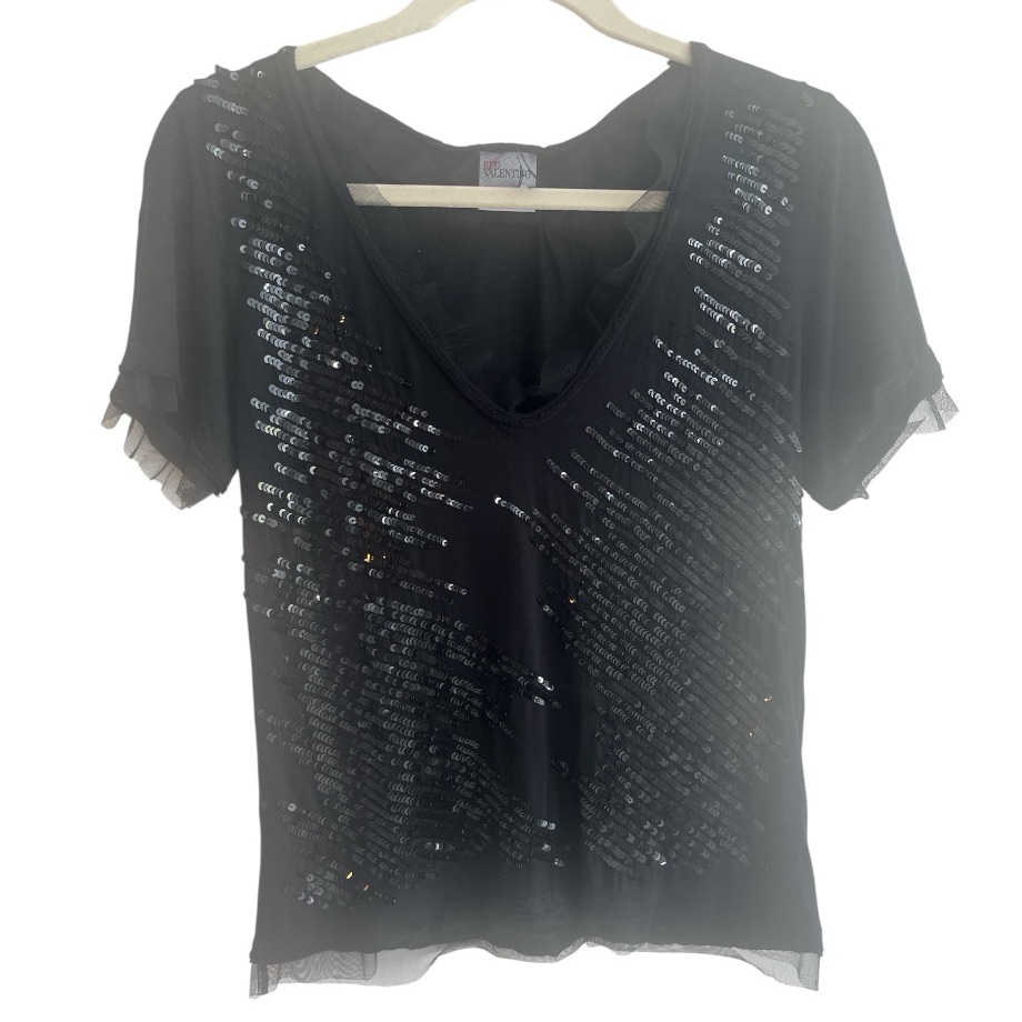 Red Valentino Black Knit Sequined Tulle Bow Short Sleeve Neck Size Medium